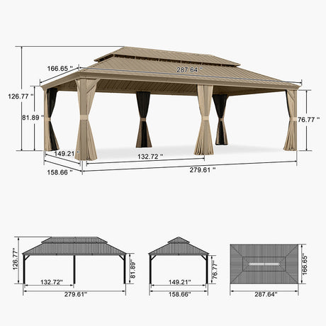 PURPLE LEAF Backyard Gazebo Champagne Hardtop Galvanized Steel Roof Awning and Upgrade Curtain with Lights-milky