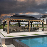 PURPLE LEAF Hardtop Gazebo for Patio Wood Grain Aluminum Frame Awning with String Lights-clear