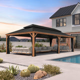 PURPLE LEAF Hardtop Gazebo for Patio Wood Grain Aluminum Frame Awning with String Lights-clear