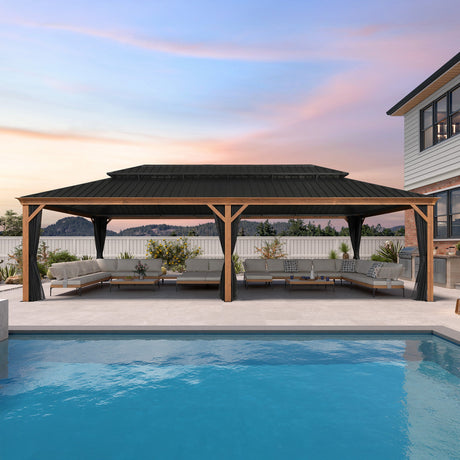 PURPLE LEAF Hardtop Gazebo for Patio Wood Grain Aluminum Frame Awning with Netting