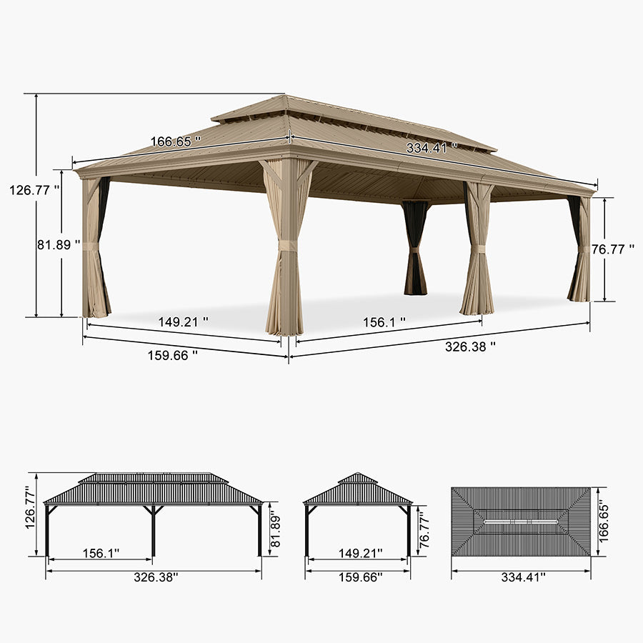 PURPLE LEAF Backyard Gazebo Champagne Hardtop Galvanized Steel Roof Awning and Upgrade Curtain with Lights-milky