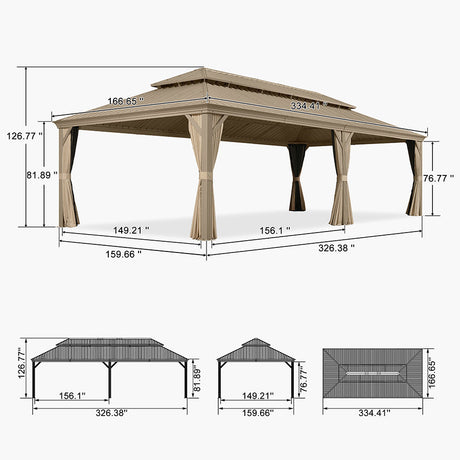 PURPLE LEAF Backyard Gazebo Champagne Hardtop Galvanized Steel Roof Awning and Upgrade Curtain with Lights-milky