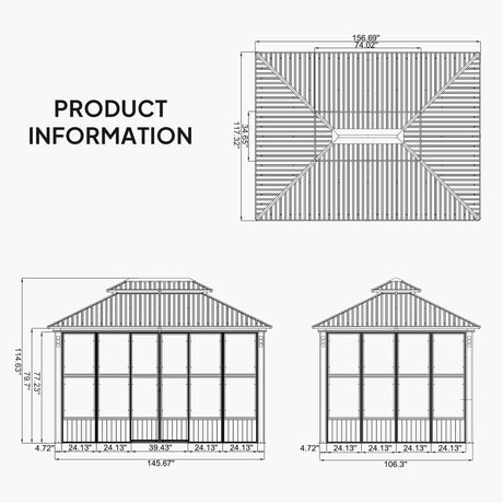 PURPLE LEAF Sunroom Hardtop Gazebo Solarium Grey Galvanized Steel Double Roof  All-Weather Aluminum Outdoor Screen House