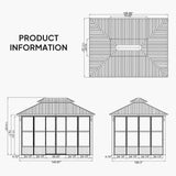 PURPLE LEAF Sunroom Hardtop Gazebo with Wood Grain Columns Black Frame Double Roof Galvanized Steel Solarium All-Weather Screen House