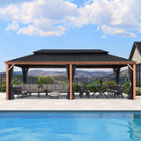 PURPLE LEAF Hardtop Gazebo for Patio Wood Grain Aluminum Frame Awning with Netting
