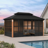 PURPLE LEAF Sunroom Hardtop Gazebo with Wood Grain Columns Black Frame Double Roof Galvanized Steel Solarium All-Weather Screen House