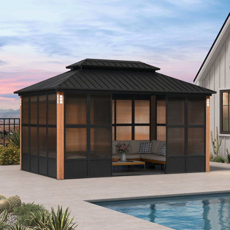 PURPLE LEAF Sunroom Hardtop Gazebo with Wood Grain Columns Black Frame Double Roof Galvanized Steel Solarium All-Weather Screen House