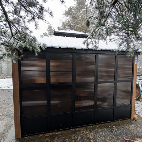 PURPLE LEAF Sunroom Hardtop Gazebo with Wood Grain Columns Black Frame Double Roof Galvanized Steel Solarium All-Weather Screen House