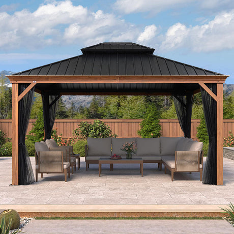 PURPLE LEAF Hardtop Gazebo for Patio Wood Grain Aluminum Frame Awning with Netting