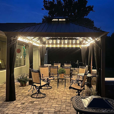 PURPLE LEAF Hardtop Gazebo for Patio Wood Grain Aluminum Frame Awning with String Lights-milky