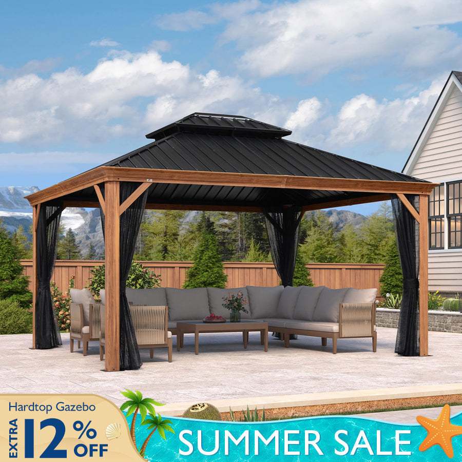 PURPLE LEAF Hardtop Gazebo for Patio Wood Grain Aluminum Frame Awning with Netting