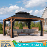 PURPLE LEAF Hardtop Gazebo for Patio Wood Grain Aluminum Frame Awning with Netting