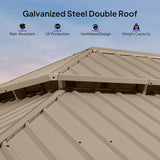 PURPLE LEAF Backyard Gazebo Champagne Hardtop Galvanized Steel Roof Awning and Upgrade Curtain with Lights-milky