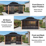 PURPLE LEAF Sunroom Hardtop Gazebo with Wood Grain Columns Black Frame Double Roof Galvanized Steel Solarium All-Weather Screen House