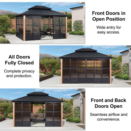 PURPLE LEAF Sunroom Hardtop Gazebo with Wood Grain Columns Black Frame Double Roof Galvanized Steel Solarium All-Weather Screen House