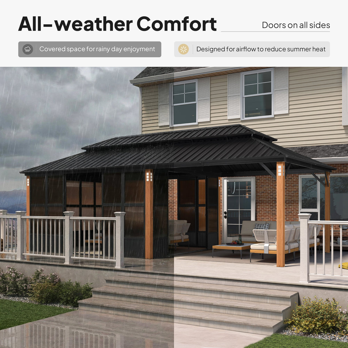 PURPLE LEAF Sunroom Hardtop Gazebo with Wood Grain Columns Black Frame Double Roof Galvanized Steel Solarium All-Weather Screen House