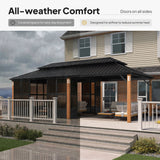 PURPLE LEAF Sunroom Hardtop Gazebo with Wood Grain Columns Black Frame Double Roof Galvanized Steel Solarium All-Weather Screen House