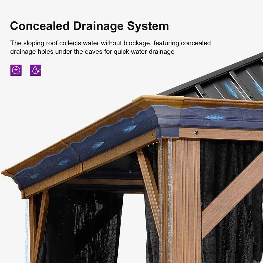 PURPLE LEAF Hardtop Gazebo for Patio Wood Grain Aluminum Frame Awning with String Lights-clear