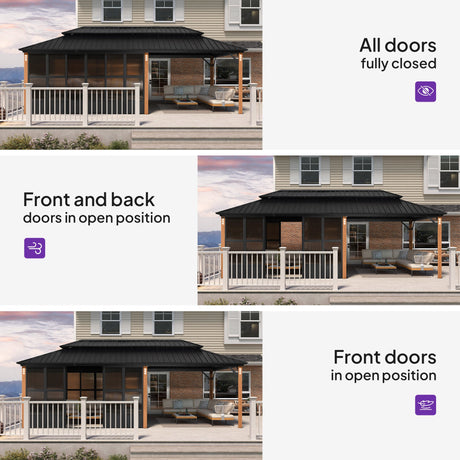 PURPLE LEAF Sunroom Hardtop Gazebo with Wood Grain Columns Black Frame Double Roof Galvanized Steel Solarium All-Weather Screen House