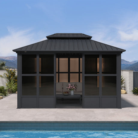 PURPLE LEAF Sunroom Hardtop Gazebo Solarium Grey Galvanized Steel Double Roof  All-Weather Aluminum Outdoor Screen House