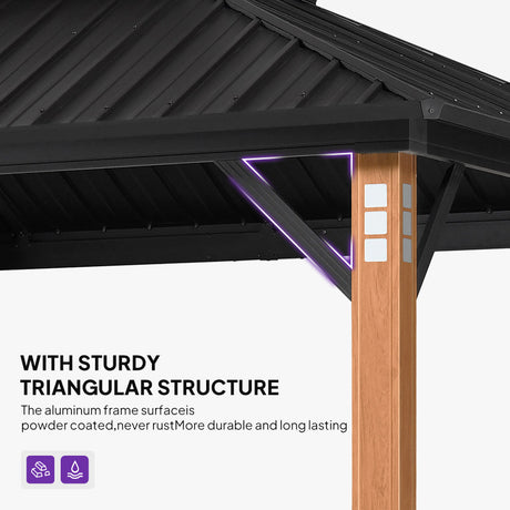 PURPLE LEAF Sunroom Hardtop Gazebo with Wood Grain Columns Black Frame Double Roof Galvanized Steel Solarium All-Weather Screen House