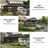 PURPLE LEAF Sunroom Hardtop Gazebo Solarium Grey Galvanized Steel Double Roof  All-Weather Aluminum Outdoor Screen House