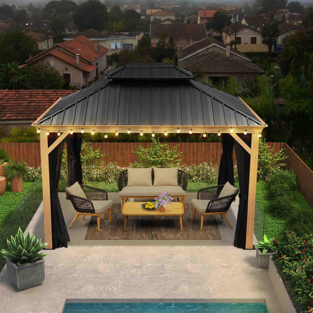 PURPLE LEAF Hardtop Gazebo for Patio Wood Grain Aluminum Frame Awning with String Lights-milky