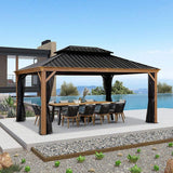 PURPLE LEAF Hardtop Gazebo for Patio Wood Grain Aluminum Frame Awning with Netting