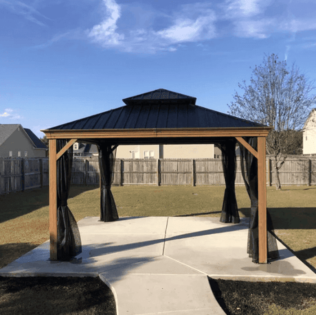 PURPLE LEAF Hardtop Gazebo for Patio Wood Grain Aluminum Frame Awning with Netting