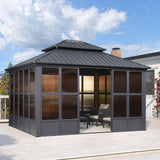 PURPLE LEAF Sunroom Hardtop Gazebo Solarium Grey Galvanized Steel Double Roof  All-Weather Aluminum Outdoor Screen House
