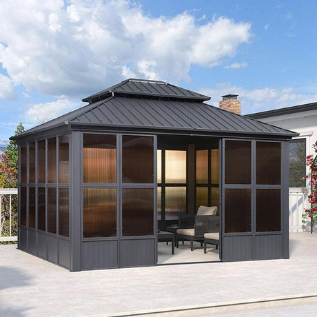 PURPLE LEAF Sunroom Hardtop Gazebo Solarium Grey Galvanized Steel Double Roof  All-Weather Aluminum Outdoor Screen House