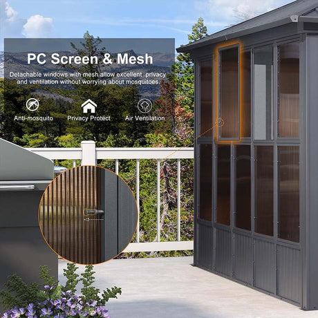 PURPLE LEAF Sunroom Hardtop Gazebo Solarium Grey Galvanized Steel Double Roof  All-Weather Aluminum Outdoor Screen House