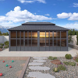 PURPLE LEAF Sunroom Hardtop Gazebo Solarium Grey Galvanized Steel Double Roof  All-Weather Aluminum Outdoor Screen House