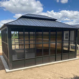 PURPLE LEAF Sunroom Hardtop Gazebo Solarium Grey Galvanized Steel Double Roof  All-Weather Aluminum Outdoor Screen House