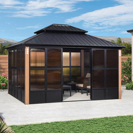 PURPLE LEAF Sunroom Hardtop Gazebo with Wood Grain Columns Black Frame Double Roof Galvanized Steel Solarium All-Weather Screen House
