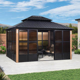 PURPLE LEAF Sunroom Hardtop Gazebo with Wood Grain Columns Black Frame Double Roof Galvanized Steel Solarium All-Weather Screen House