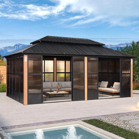 PURPLE LEAF Sunroom Hardtop Gazebo with Wood Grain Columns Black Frame Double Roof Galvanized Steel Solarium All-Weather Screen House