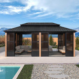 PURPLE LEAF Sunroom Hardtop Gazebo with Wood Grain Columns Black Frame Double Roof Galvanized Steel Solarium All-Weather Screen House