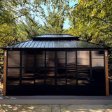 PURPLE LEAF Sunroom Hardtop Gazebo with Wood Grain Columns Black Frame Double Roof Galvanized Steel Solarium All-Weather Screen House