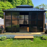 PURPLE LEAF Sunroom Hardtop Gazebo with Wood Grain Columns Black Frame Double Roof Galvanized Steel Solarium All-Weather Screen House