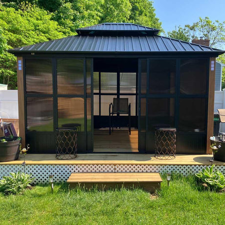 PURPLE LEAF Sunroom Hardtop Gazebo with Wood Grain Columns Black Frame Double Roof Galvanized Steel Solarium All-Weather Screen House
